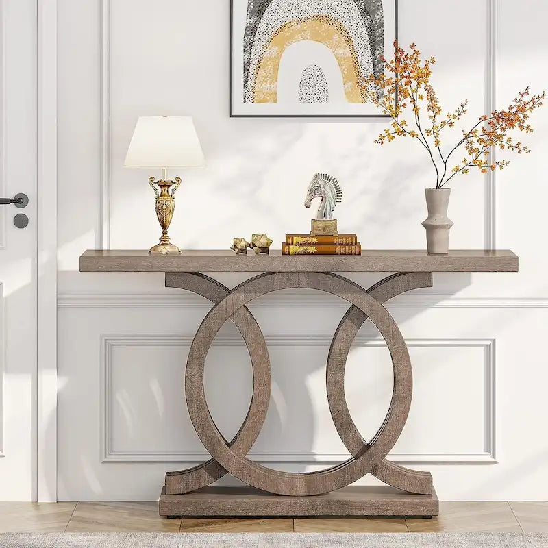55 Inch Console Table with Geometric Base Wooden Hallway Table Vintage