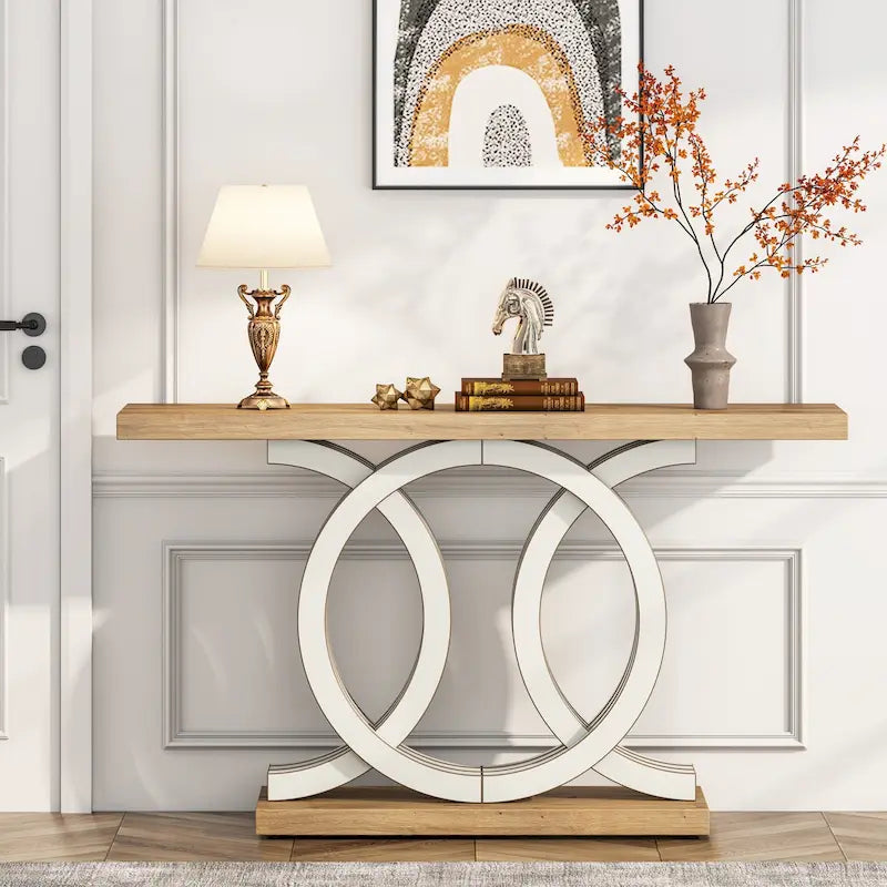 55 Inch Console Table with Geometric Base Wooden Hallway Table Vintage