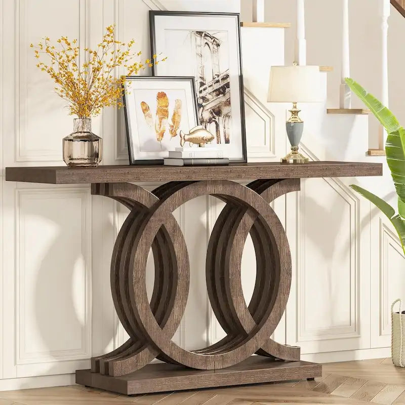 55 Inch Console Table with Geometric Base Wooden Hallway Table Vintage
