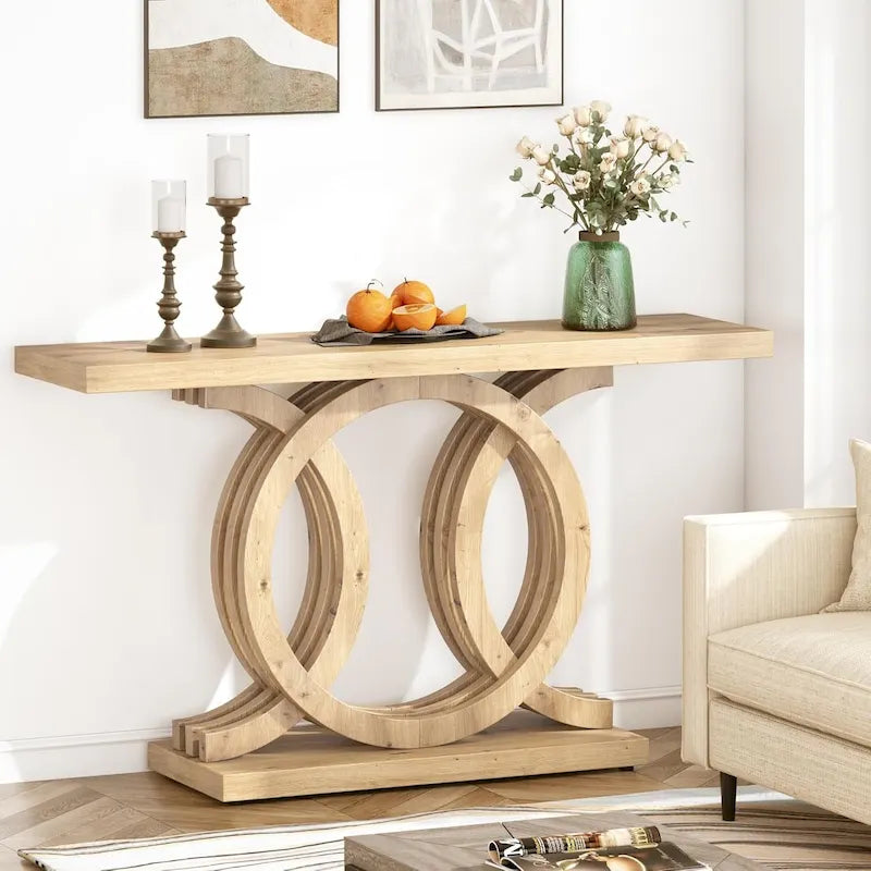 55 Inch Console Table with Geometric Base Wooden Hallway Table Vintage