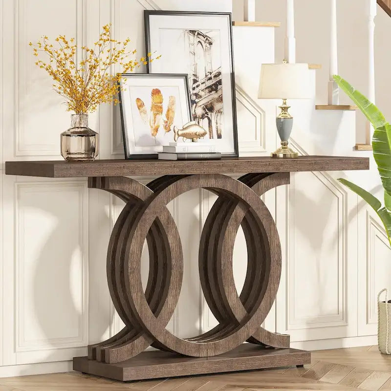 55 Inch Console Table with Geometric Base Wooden Hallway Table Vintage