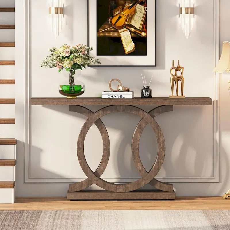 55 Inch Console Table with Geometric Base Wooden Hallway Table Vintage