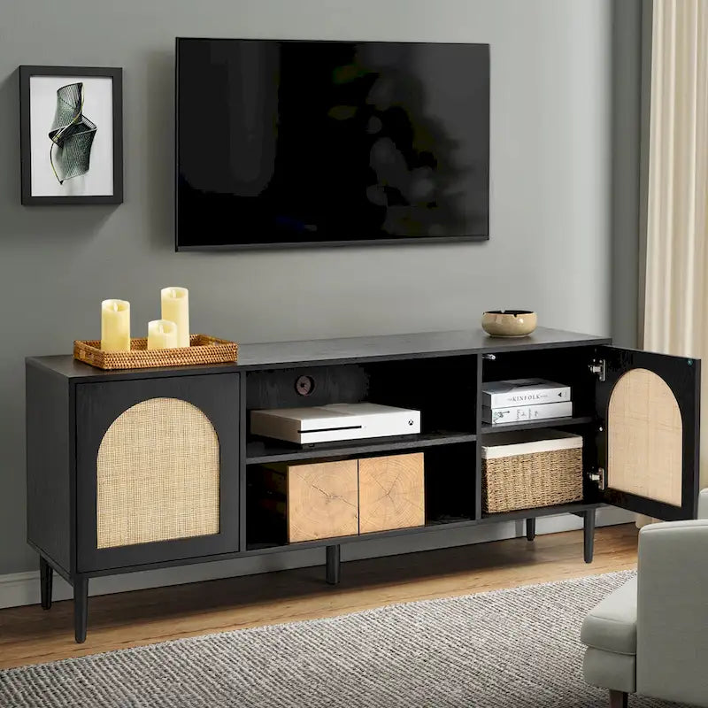 Black/Oak Rattan 2-Door TV Stand, Fits up to 70" TV, 6 Shelves