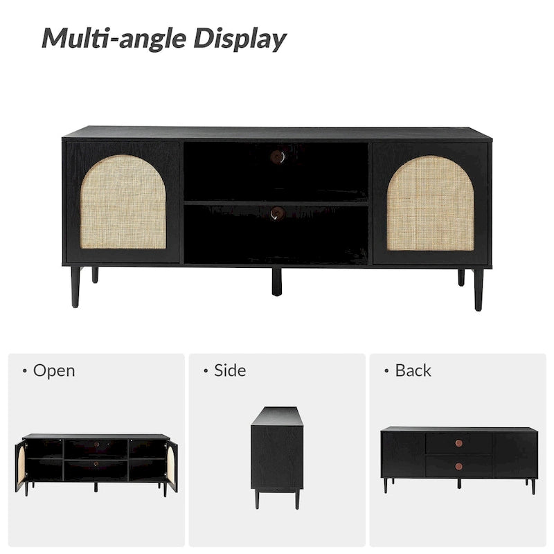 Black/Oak Rattan 2-Door TV Stand, Fits up to 70" TV, 6 Shelves