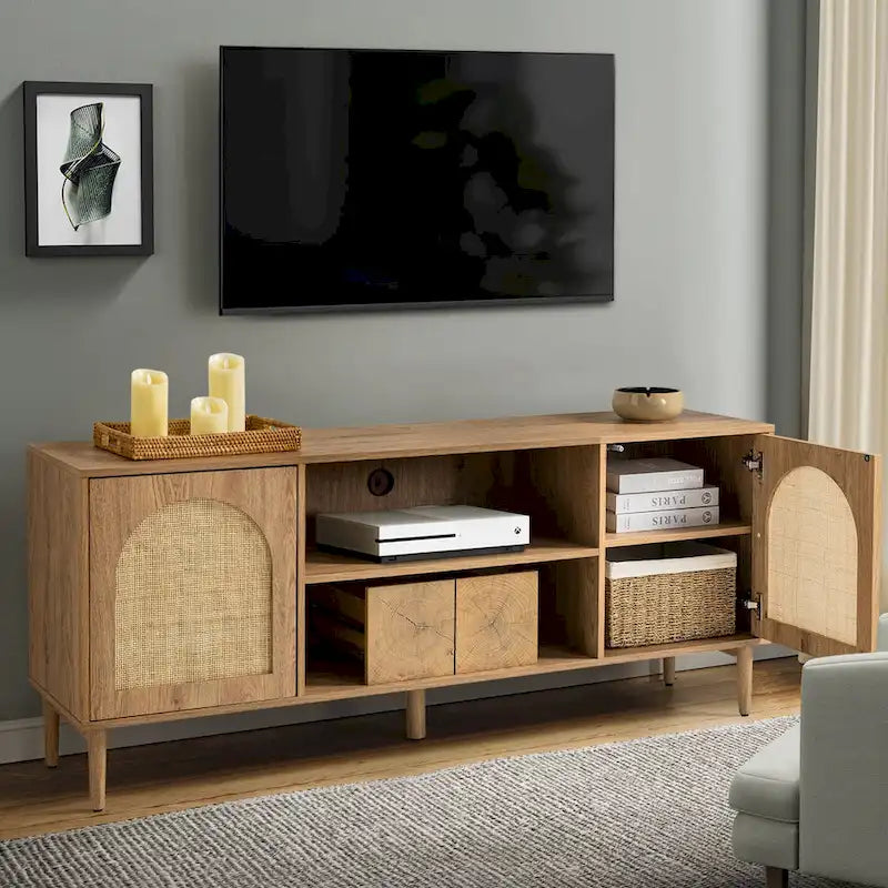 Black/Oak Rattan 2-Door TV Stand, Fits up to 70" TV, 6 Shelves