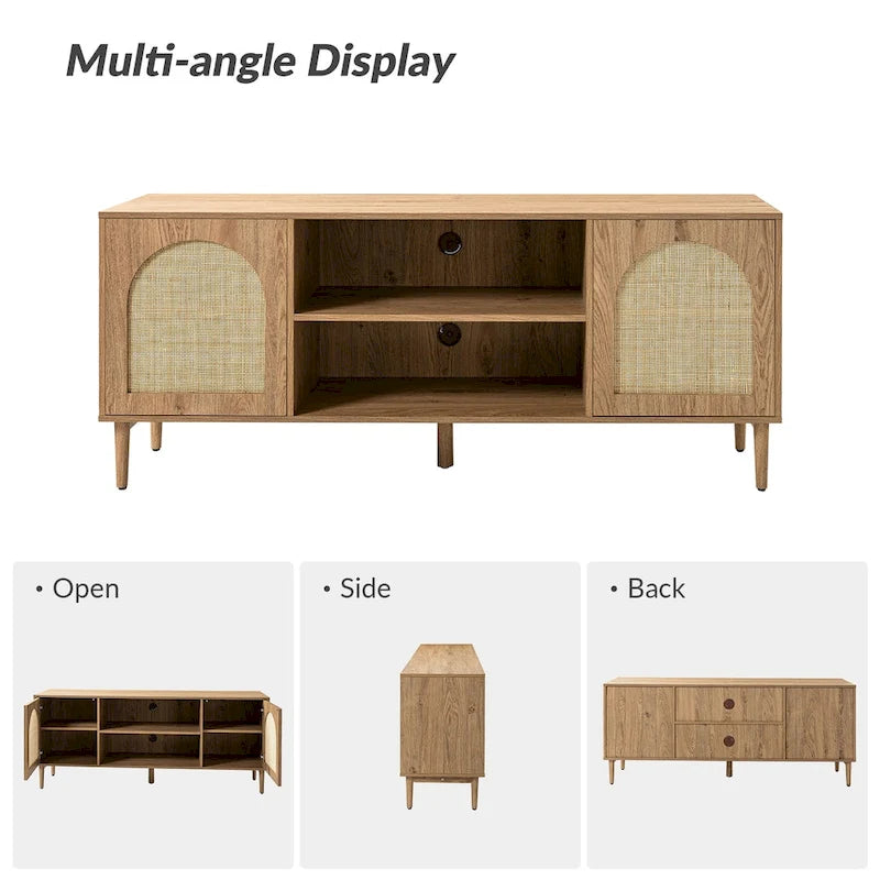Black/Oak Rattan 2-Door TV Stand, Fits up to 70" TV, 6 Shelves