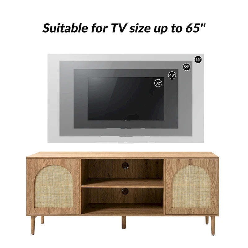 Meuble TV 2 portes en rotin noir/chêne, supporte jusqu'à 70", 6 étagères