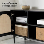 Meuble TV 2 portes en rotin noir/chêne, supporte jusqu'à 70", 6 étagères