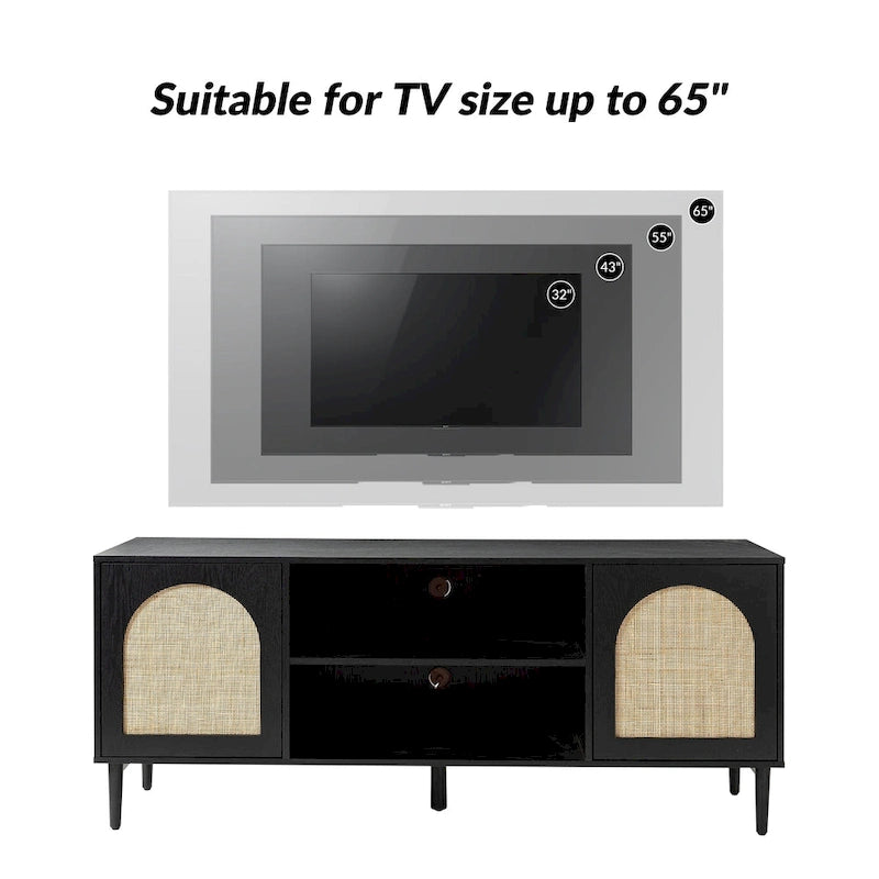 Meuble TV 2 portes en rotin noir/chêne, supporte jusqu'à 70", 6 étagères