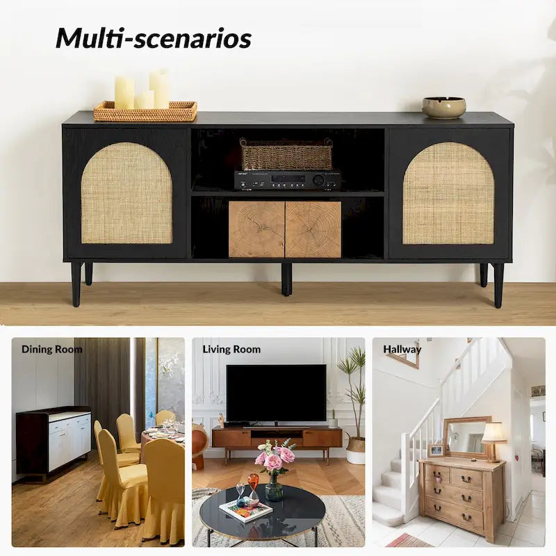 Meuble TV 2 portes en rotin noir/chêne, supporte jusqu'à 70", 6 étagères