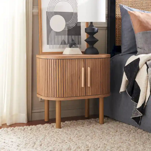 2-Door Tambour Nightstand with Gold Pulls – Oak, Black, Walnut, White
